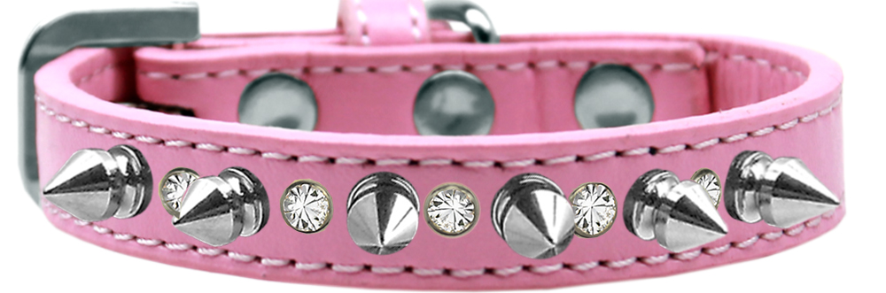 Crystal and Silver Spikes Dog Collar Light Pink Size 16